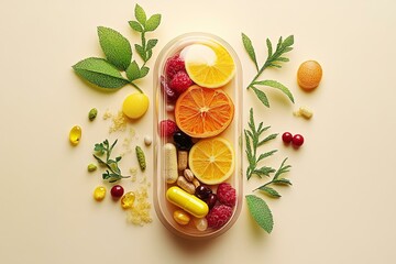 Colorful assortment of fresh fruits and dietary supplements arranged artistically, promoting health and wellness for a vibrant lifestyle.