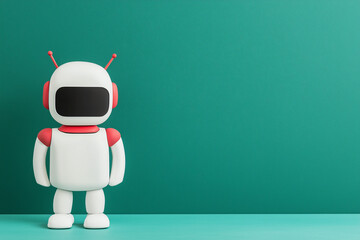 The Friendly Sentinel: A charming robot character stands confidently, its bright red details and antenna adding a touch of playfulness, set against a vibrant background