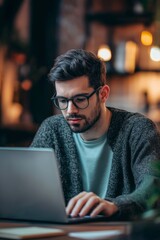 Young freelancer in glasses concentrating on work at a minimalist desk.