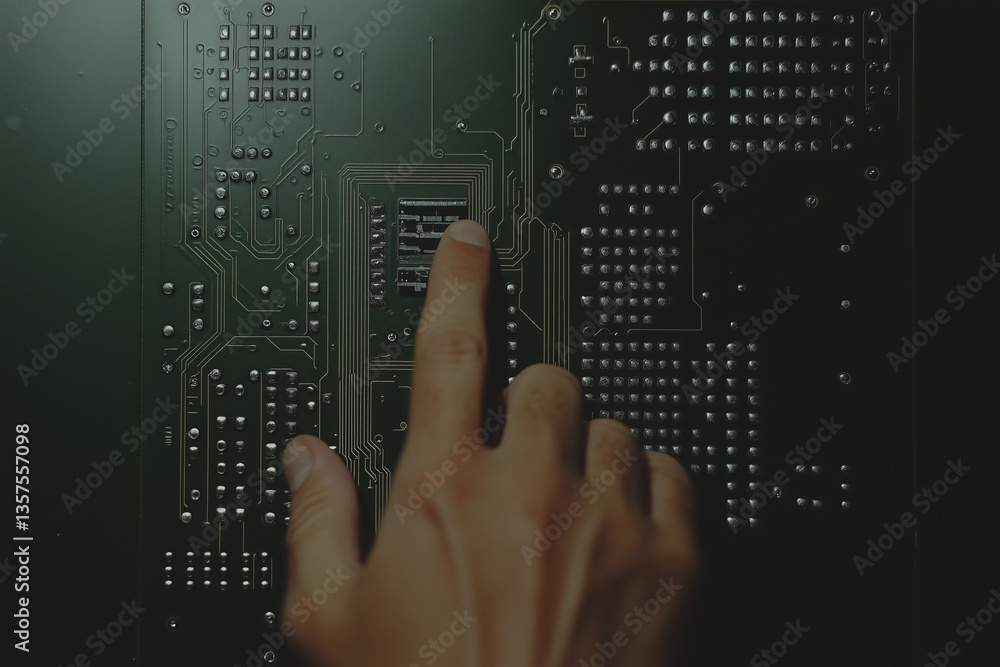 Poster precision touch on circuit board: a close-up shot of a hand interacting with the intricate circuits 