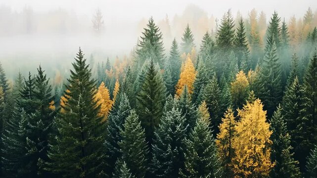 Vibrant autumn foliage contrasts with evergreen trees in a misty forest landscape during early morning light