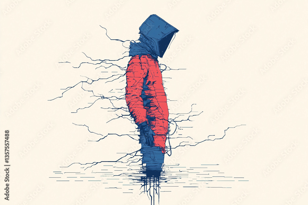 Poster abstract silhouette: an artistic representation of a person in a hooded jacket, abstractly formed wi