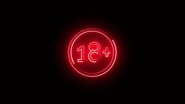 18 plus in a circle of neon red outline on a dark background. Animate the 18 plus sign to make the background transparent, use blend modes.