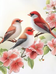 Three brightly colored birds stand on branches adorned with delicate pink flowers, showcasing their vibrant feathers against a soft backdrop during springtime. Spring poster