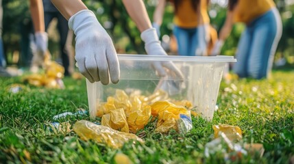 Eco-Friendly Act: Volunteers actively engaging in an eco-conscious mission, collecting waste and debris within a park, aiming to preserve the park's immaculate condition.