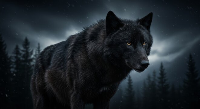 Majestic black wolf portrait against a winter forest backdrop at night