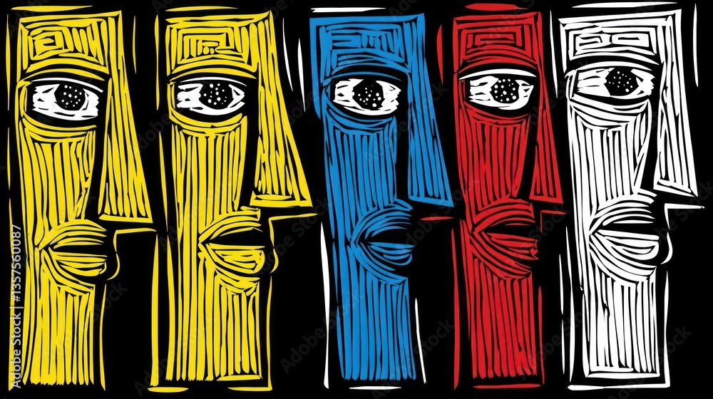 Poster abstract representation of colorful faces in a modern art style, showcasing emotions and expressions