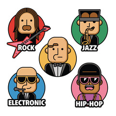 Fototapeta premium 2d vector illustration icon cool entertainment cartoon character music tools (Drum , Music Note , Headphones ,Microphone , Piano , Guitar ,Record) 