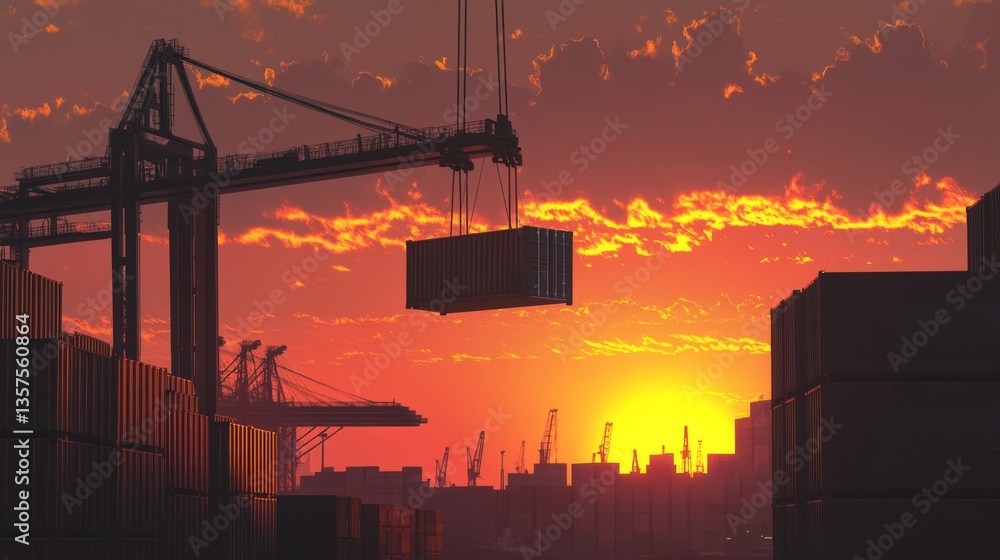 Poster sunset container loading action at port industrial environment aerial view transportation concept