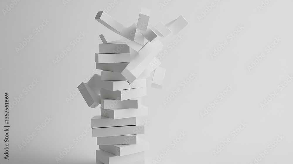 Poster dynamic stacking game unfolds minimalist studio space animation contemporary art unique perspective 