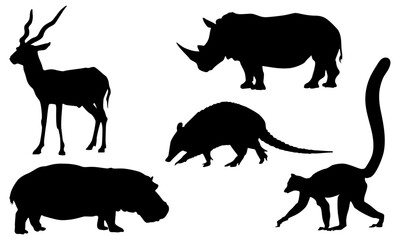 African Animals Silhouettes Set, Wild Animals Collection, Black, Rhinoceros, Lemur, Armadillo, Hippopotamus, Gazelle, Isolated, Vector