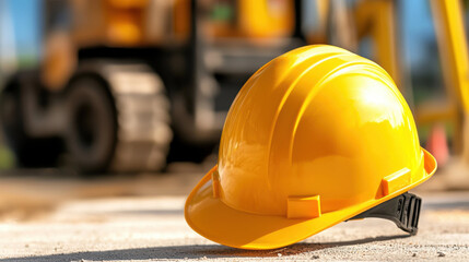 bright yellow hard hat rests on construction site, symbolizing safety and diligence in building industry