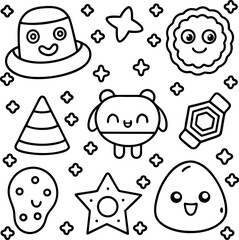 Cute Kawaii Line Art Icon Set: Objects, Animals, Symbols, Vector Graphics