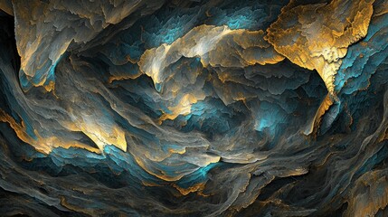 Obraz premium Abstract digital painting of swirling, textured mountains in a cave-like space