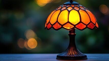Illuminated Tiffany-style lamp outdoors at night