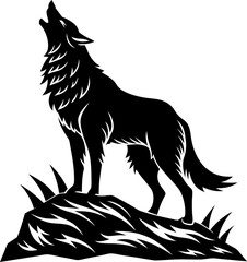 Howling Wolf on Rock: Pine Trees, Vector Graphic