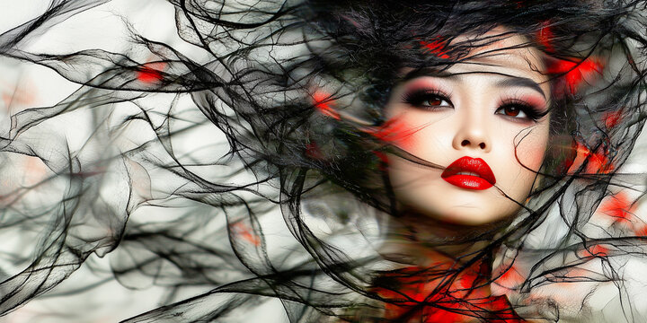 A striking woman with red lips and smoky eye makeup peers through swirling black mesh and red accents, creating a mysterious, surreal, and high fashion fantasy vibe.