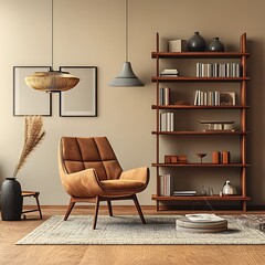 Stylish interior of living room with design brown armchair, wooden bookcase, pendant lamp, carpet decor, picture frames and elegant personal accessories in modern retro home decor.