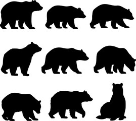 Bear Silhouettes: Walking, Standing, Sitting, Vector Collection
