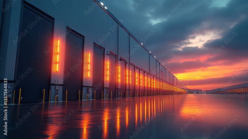 Poster The logistics warehouse features numerous loading docks illuminated by warm lights while a vibrant sunset casts reflections on the wet ground, creating an atmospheric view.