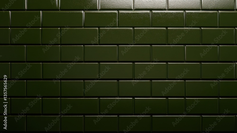 Poster A sleek, green tiled wall displaying a modern and stylish design with glossy rectangular tiles.