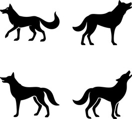 Four Wolf Silhouettes: Walking, Standing, Howling, Vector Set