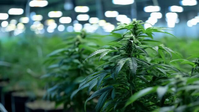Cannabis farm. Modern greenhouse with growing cannabis plants. Hydroponic cultivation of medicinal cannabis hemp