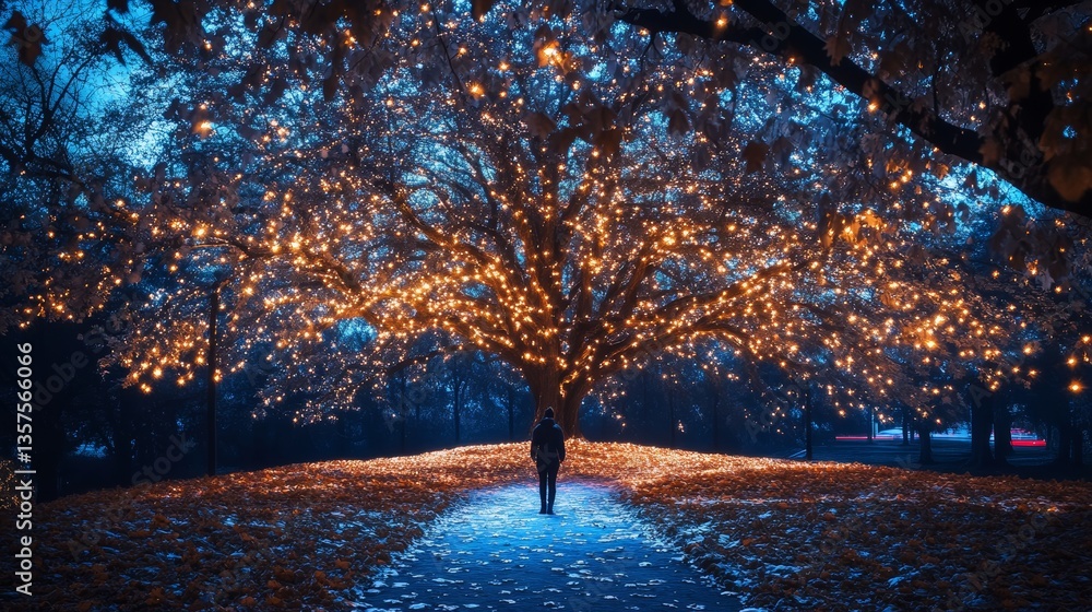 Canvas Prints a beautiful tree with branches and glowing leaves in the night. a person stands next to it and looks