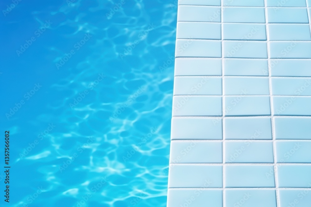 Poster a serene image of sparkling blue water beside a tiled edge, creating a refreshing and inviting atmos