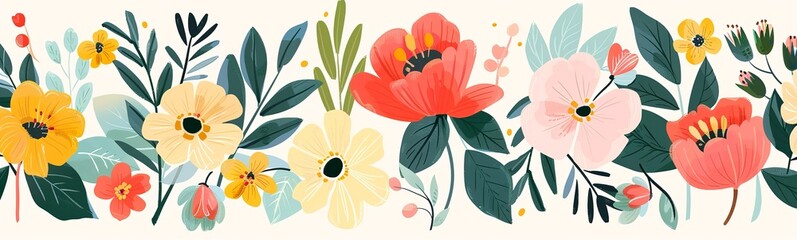 Seamless watercolor floral border with red poppies and peach blooms