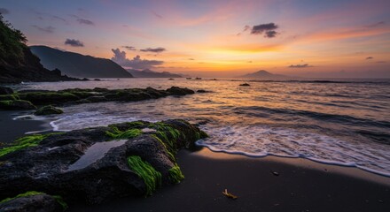 Obraz premium Minimalist Bioluminescent Waves in Pulau Rote with Negative Space at Moonlit Night