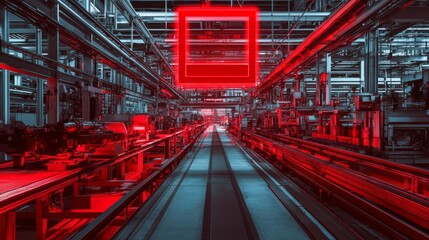 Industrial automation event high-tech factory environment red lighting futuristic viewpoint modern manufacturing concept