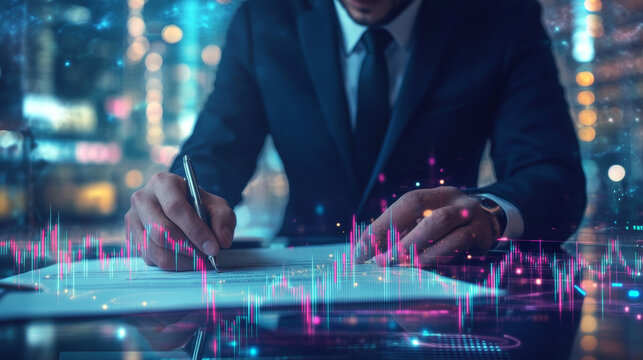 A businessman in a suit signing a contract, overlaid with a forex graph hologram in a double exposure effect, representing brokerage agreements, financial market analysis, and investment strategies
