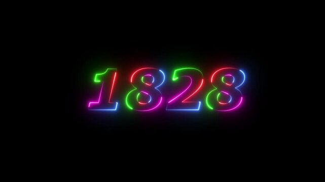 1828 neon line text. Abstract 1828 neon text animation ,For neon color Glowing neon number text background 4k video animation . 1828 title metal text on black alpha channel background.