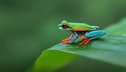 Naklejka premium Rainforest Red-Eyed Tree Frog on Leaf.