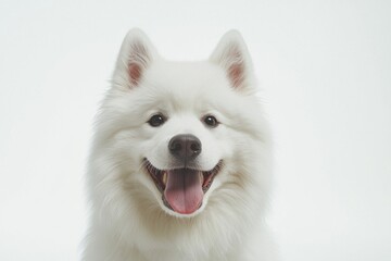 A cheerful Samoyed dog with fluffy white fur and a bright smile against a plain background.