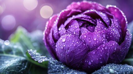 Vibrant purple flower head, covered in glistening water droplets