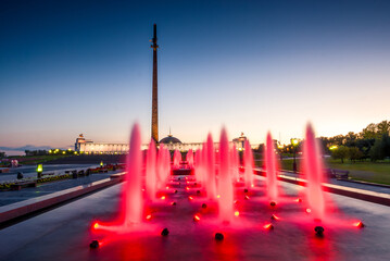 Evening view of the fountains of the Victory Monument on Poklonnaya Hill in Moscow. Russia
