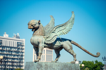 Unusual genre sculpture of a winged leopard in the city of Kazan. Russia