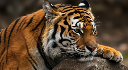 Fototapeta premium Magnificent Bengal Tiger Portrait Resting Peacefully on a Rocky Surface