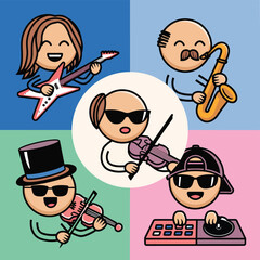 Fototapeta premium 2d vector illustration icon cool entertainment cartoon character music tools (Drum , Music Note , Headphones ,Microphone , Piano , Guitar ,Record) 