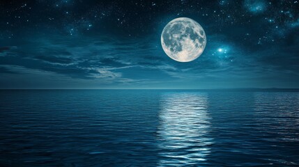 A full moon in the night sky, reflected on the calm ocean surface.
