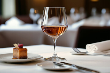 Naklejka premium A high-end restaurant table setting featuring a glass of cognac, gourmet dessert, and elegant cutlery.