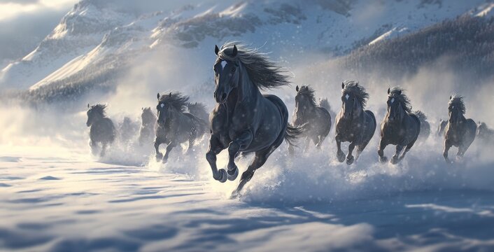 A group of wild horses running in the snow, a black horse with a long mane leading them, a snowy mountain landscape. - Powered by Adobe