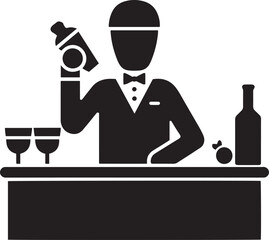 Illustration showcasing a bartender's silhouette while preparing a cocktail at a bar. Captures hospitality and nightlife atmosphere.