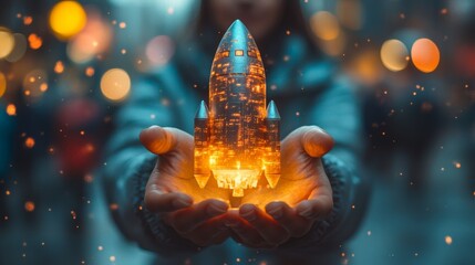 Hand holding a rocket with glowing particles and a bokeh city background. 