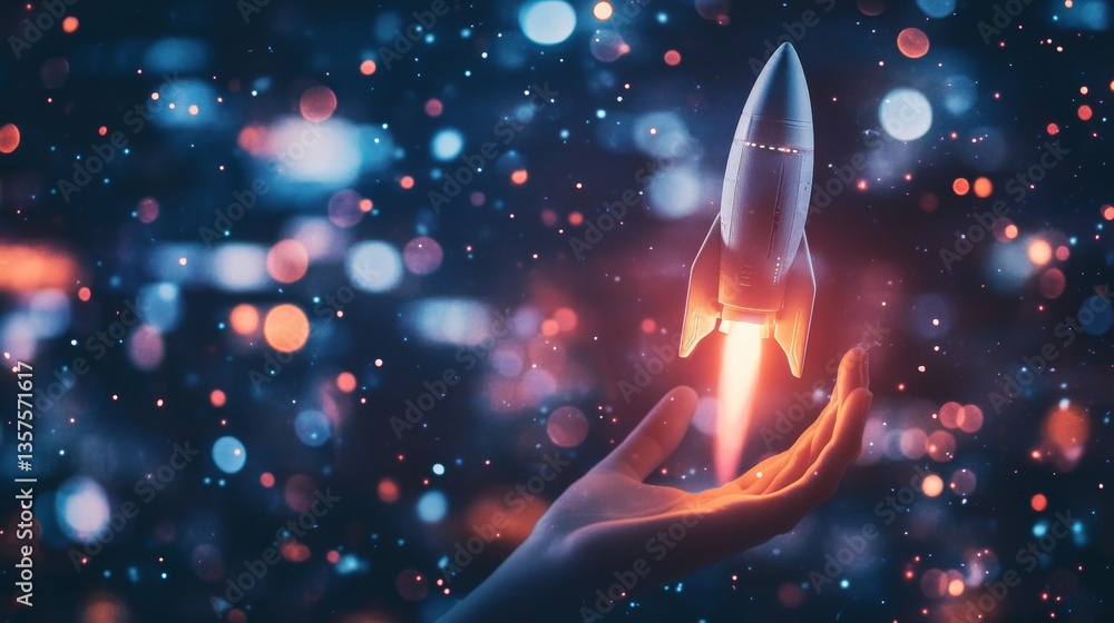 Wall mural a hand holding a rocket against a background of night city lights and glowing particle.