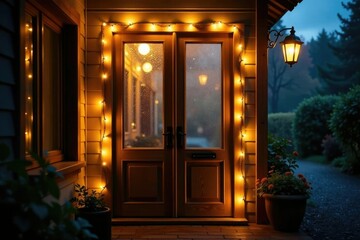 Twinkling white fairy lights wrapped around a frosted wooden door, cozy ambiance, twinkle lights, white fairy lights