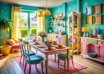 Miniature Dining Room, Tilt-Shift Table Setting, Charming Clipart Style