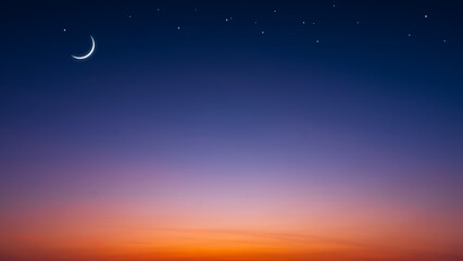 Night Sky Ramadan Background with Crescent Moon and Star on Beautiful Dramatic Twilight sky with...